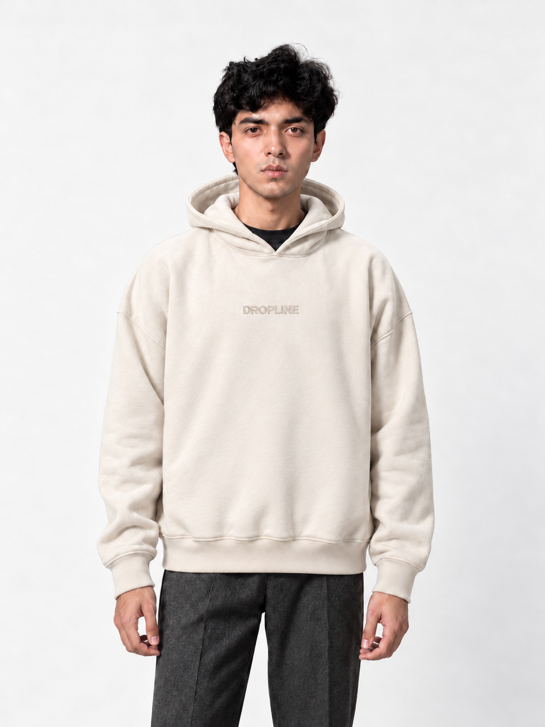 DROPLINE Oversized Graphic Hoodie — Beige
