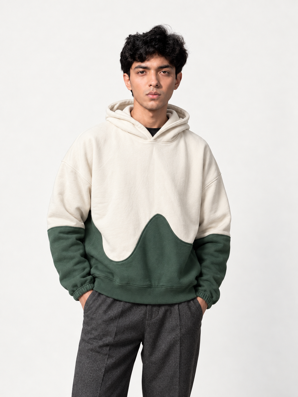 DROPLINE Double Panel Hoodie Green & Beige
