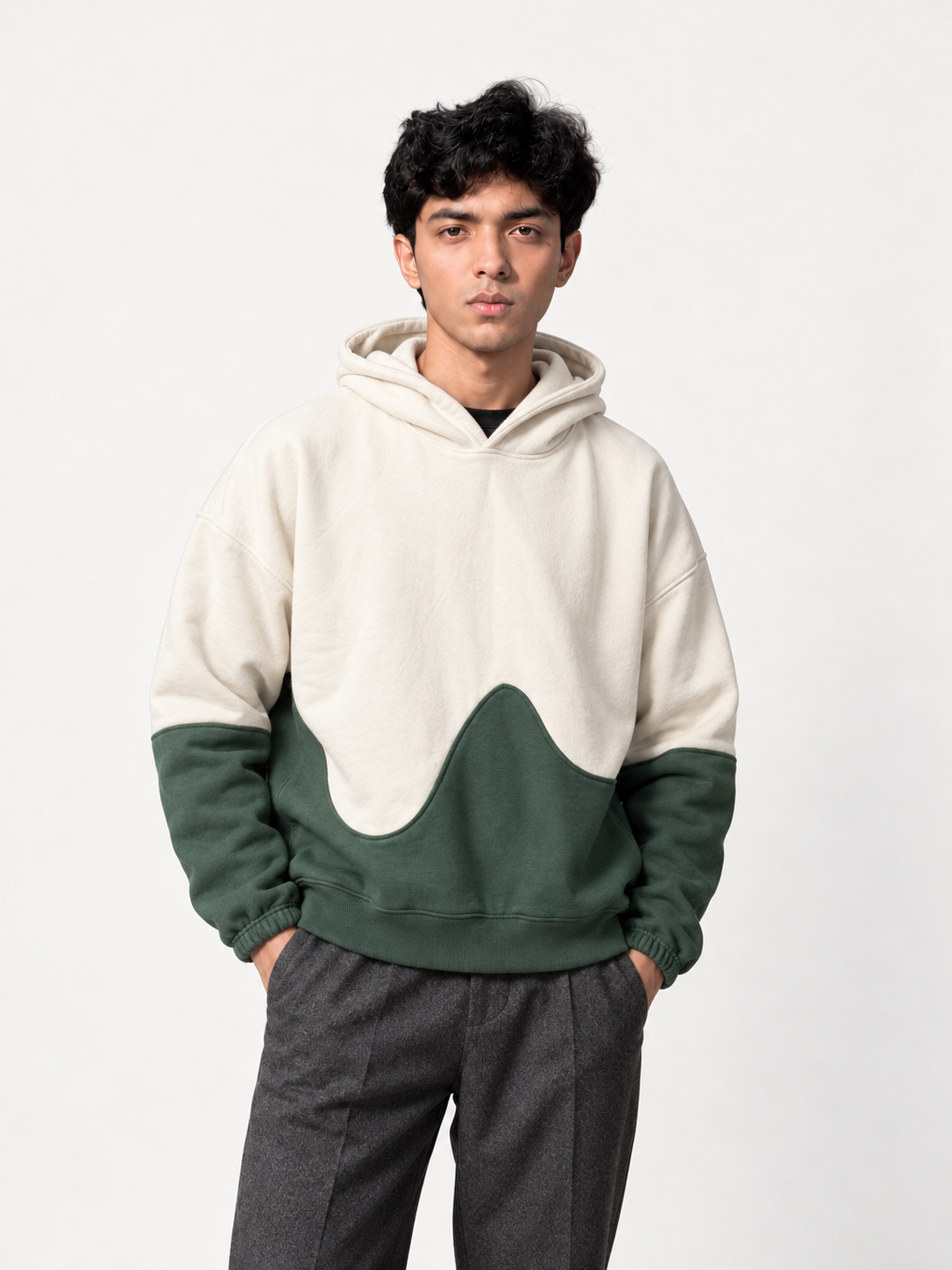 DROPLINE Double Panel Hoodie Green & Beige