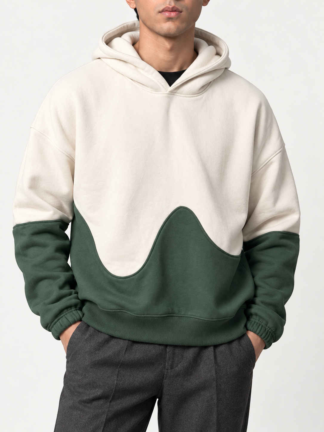 DROPLINE Double Panel Hoodie Green & Beige